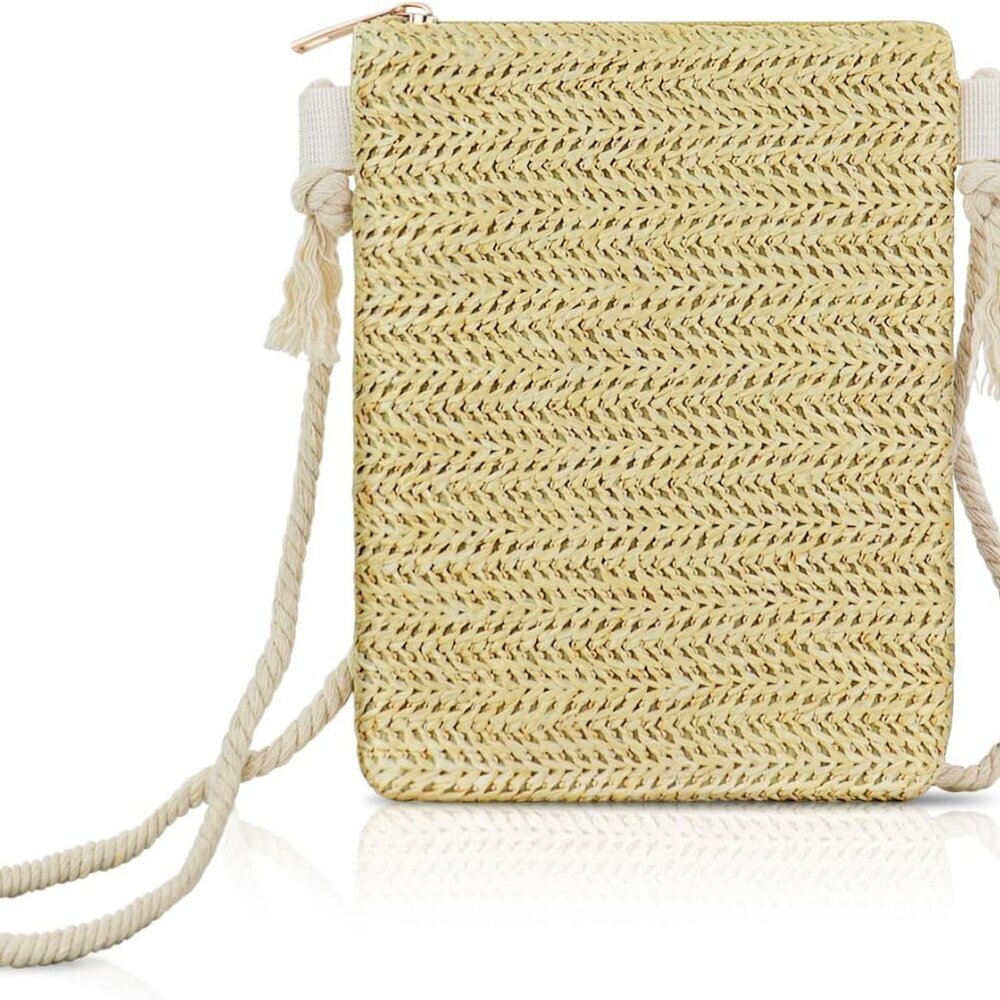 Khaki straw crossbody phone purse with detachable rope, zipper, slim, lightweigh